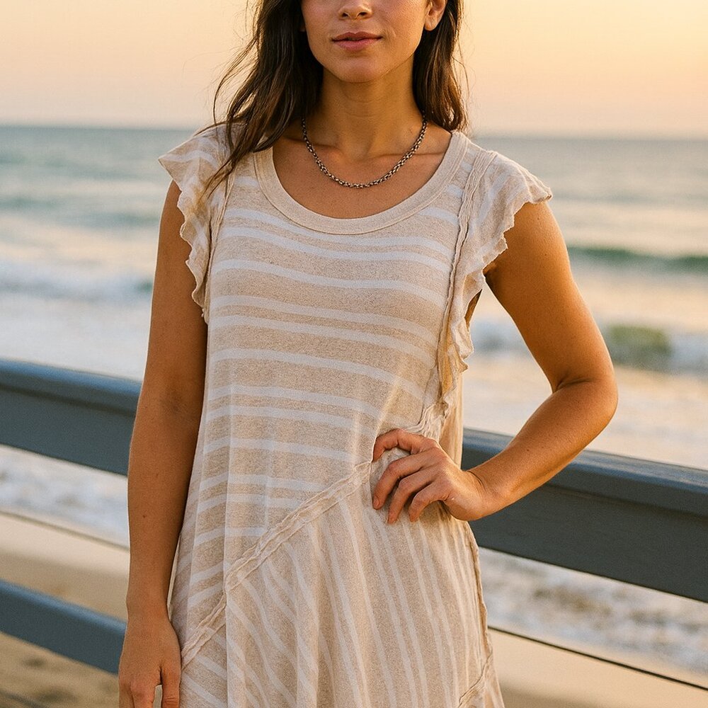 Boho Striped Ruffle Mini dress Inside-out Sleeveless Small